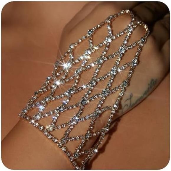 Gold Rhinestone Finger Ring Link Bracelet – Crystal Hand Chain Jewelry - Picture 2 of 6